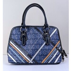Giani Bernini Navy Monogram Satchel Bag Stripe Accent Dome Handbag Blue Silver